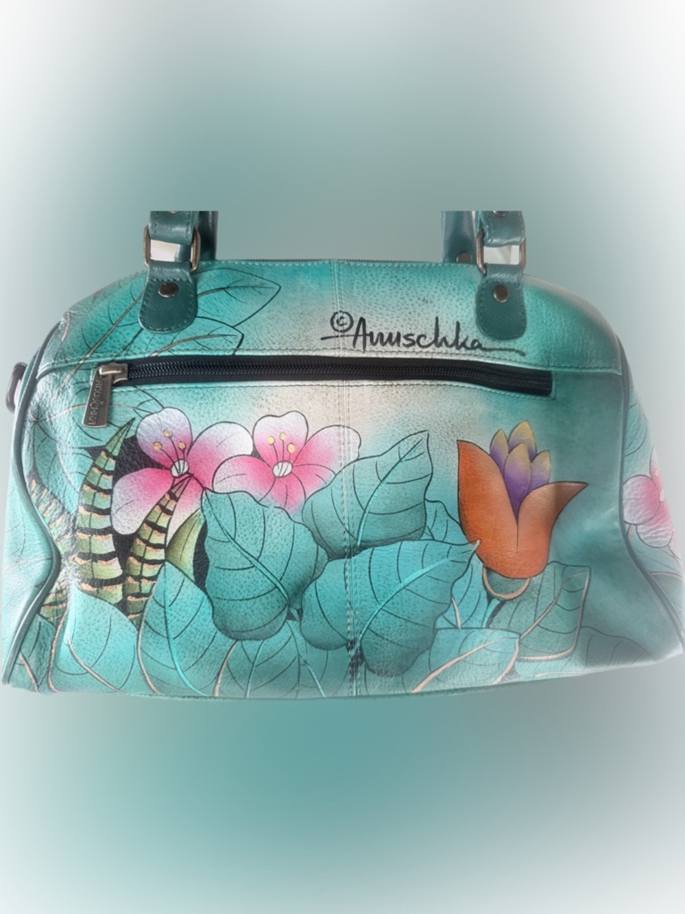 Anuschka Teal Turquoise Floral And Parrot Painted Leather Shoulder Bag